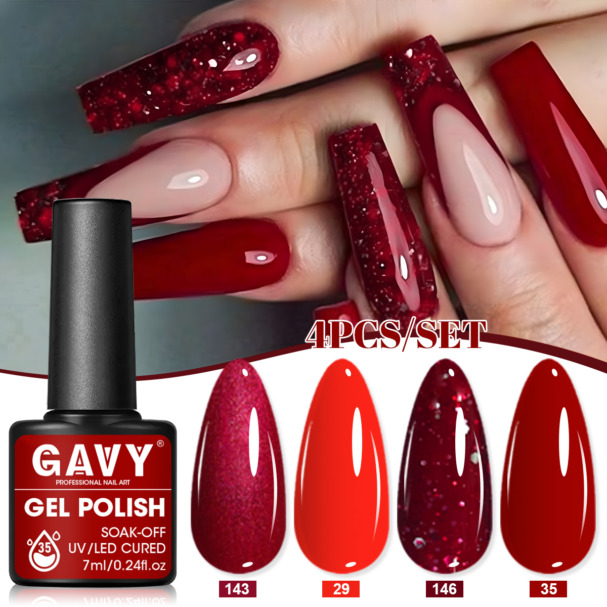 Nail Art Red Wine - 4-delige wijnrode effen glitter gel nagellakset