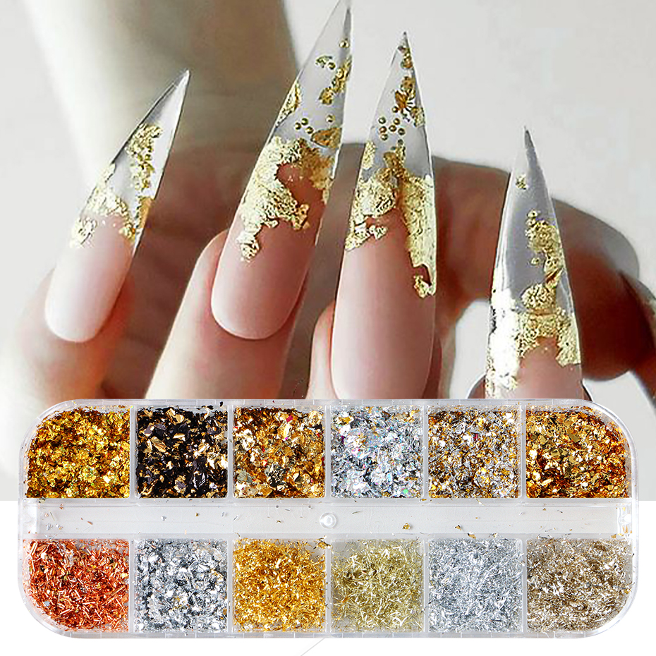 Nail Art Full Design - 12-kleuren goudfolie prachtige nagels glitter willekeurige