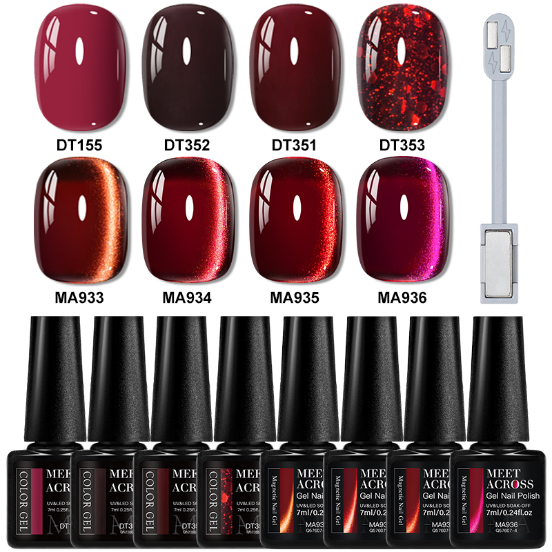 Nail Art Red Wine - 9 stks Rode Glitter Kat Magnetische