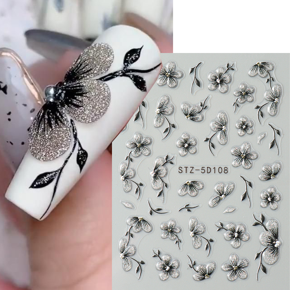Nail Art Full Design - 5D zwarte glitter nagelstickers aquarel bloeiende