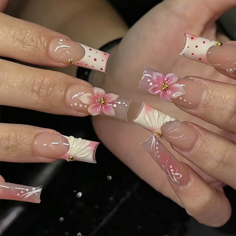 Nail Art Full Design - 24 stuks lange vierkante bloemvormige kunstnagels
