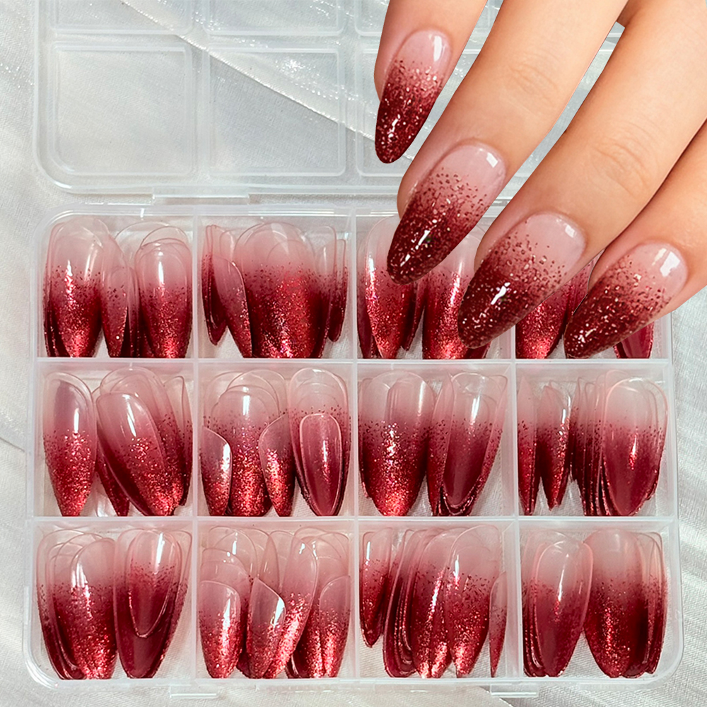 Nail Art Red Wine - 144 stks Rode Gradiënt Glitter Vingertoppen