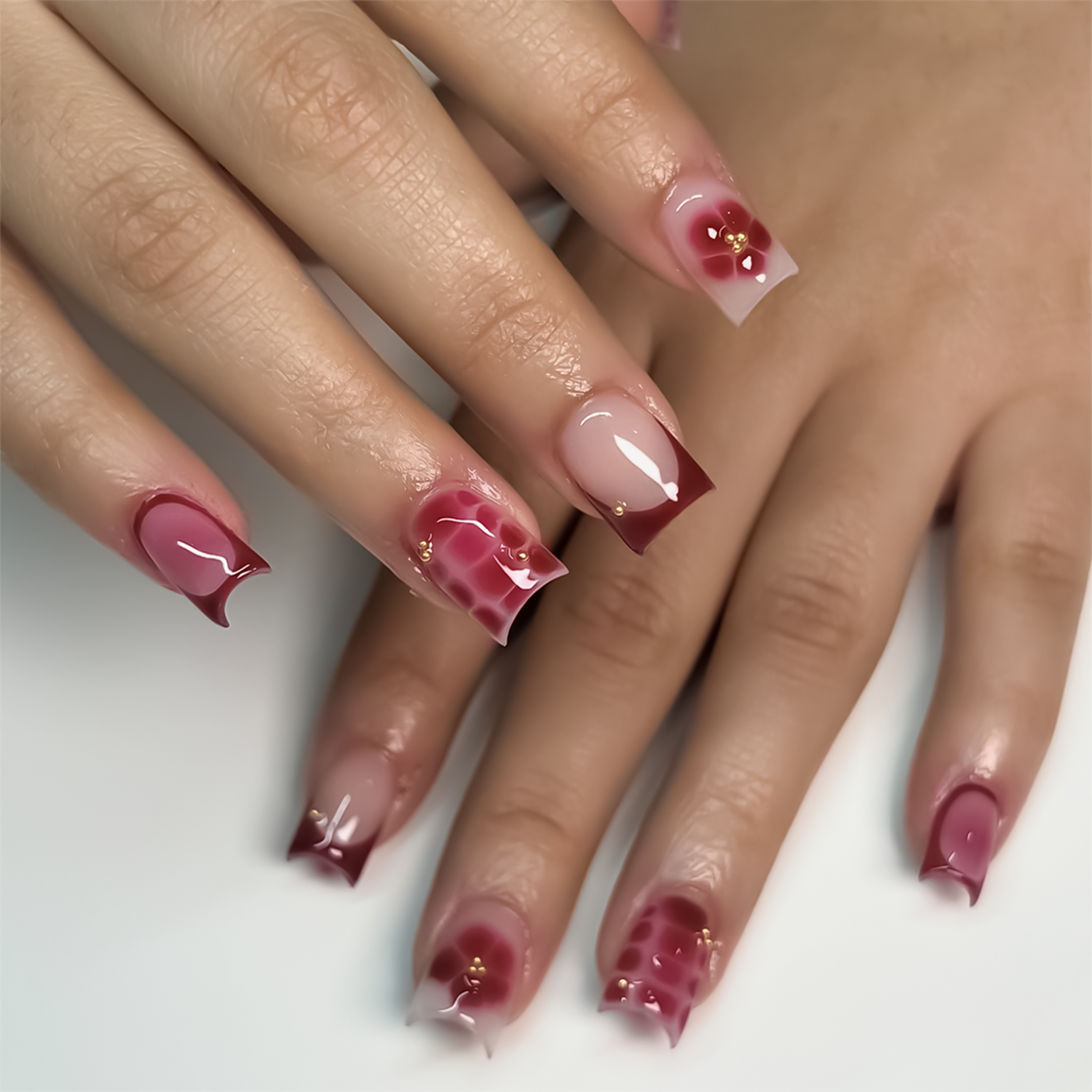 Nail Art Red Wine - 24 stuks zomerse korte vierkante kunstnagels