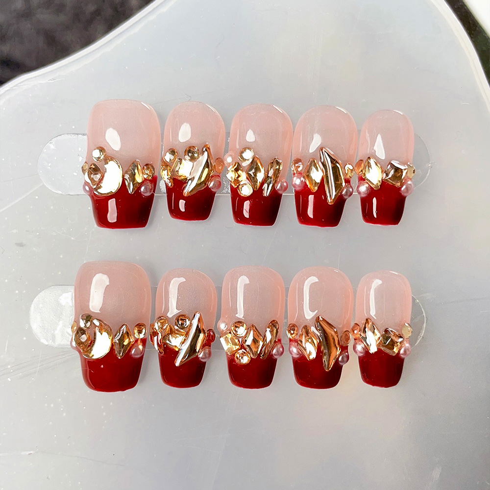 Nail Art Red Wine - 10 stuks korte trapeziumvormige handgemaakte persnagels,